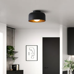 Drum flush mount ceiling light with wood grain interior close detail view 44