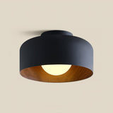Drum flush mount ceiling light with wood grain interior close detail view 50