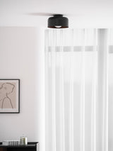 Drum flush mount ceiling light with wood grain interior close detail view 56