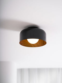 Drum flush mount ceiling light with wood grain interior close detail view 62