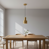 A modern pendant light fixture with a brushed brass/gold finish, featuring a cylindrical shade and a thin black cord, shown against a plain white background.