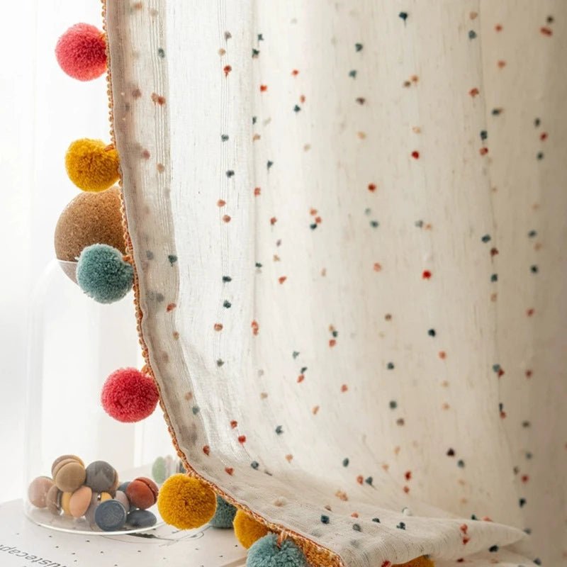 Embroidered Lace Sheer Curtains – Boho Pom Tassel Window Drapes Decorative Panels - Hurbane Home