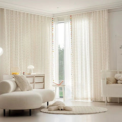 Embroidered Lace Sheer Curtains – Boho Pom Tassel Window Drapes Decorative Panels - Hurbane Home