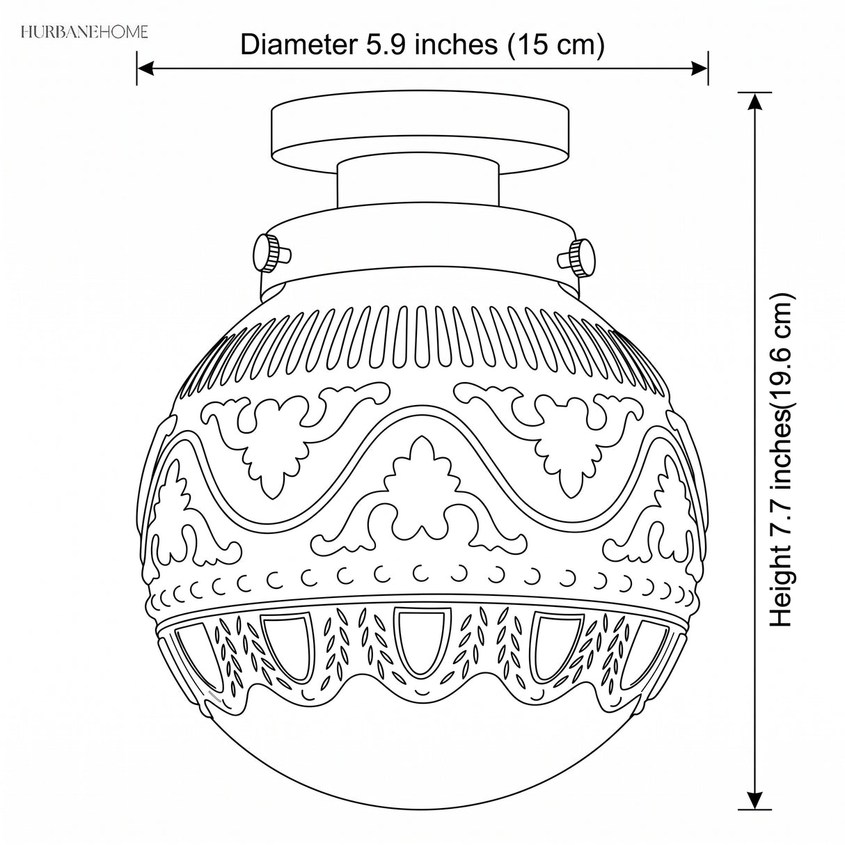 Drawing showing globe light diameter 5.9 inches and height 7.7 inches