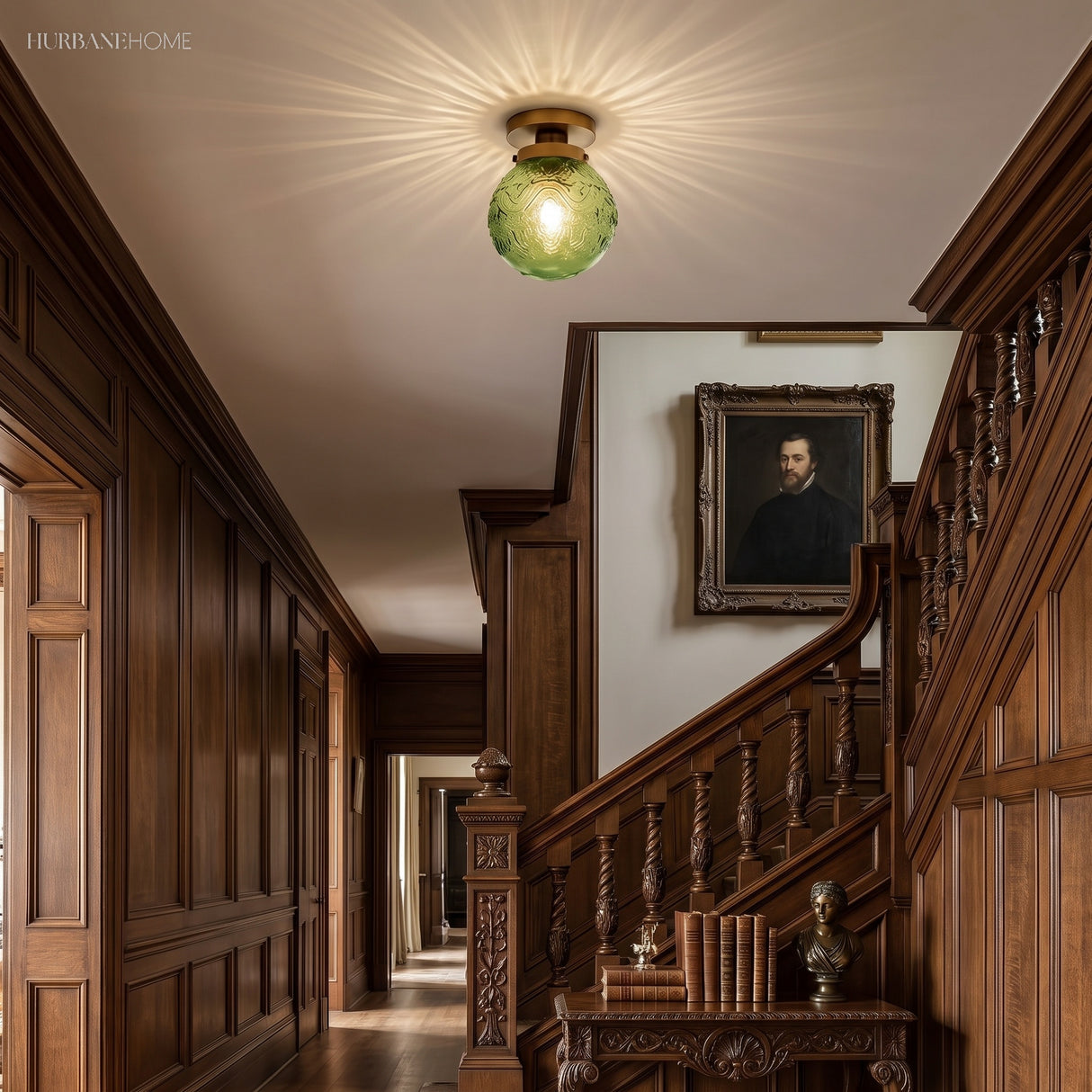 Green glass globe flush mount lighting a wood panelled staircase hall