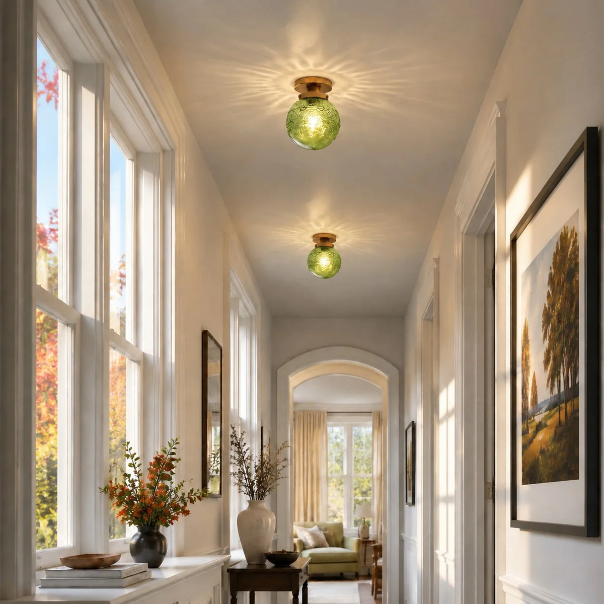 Engraved glass globe flush mount ceiling light close detail view 8