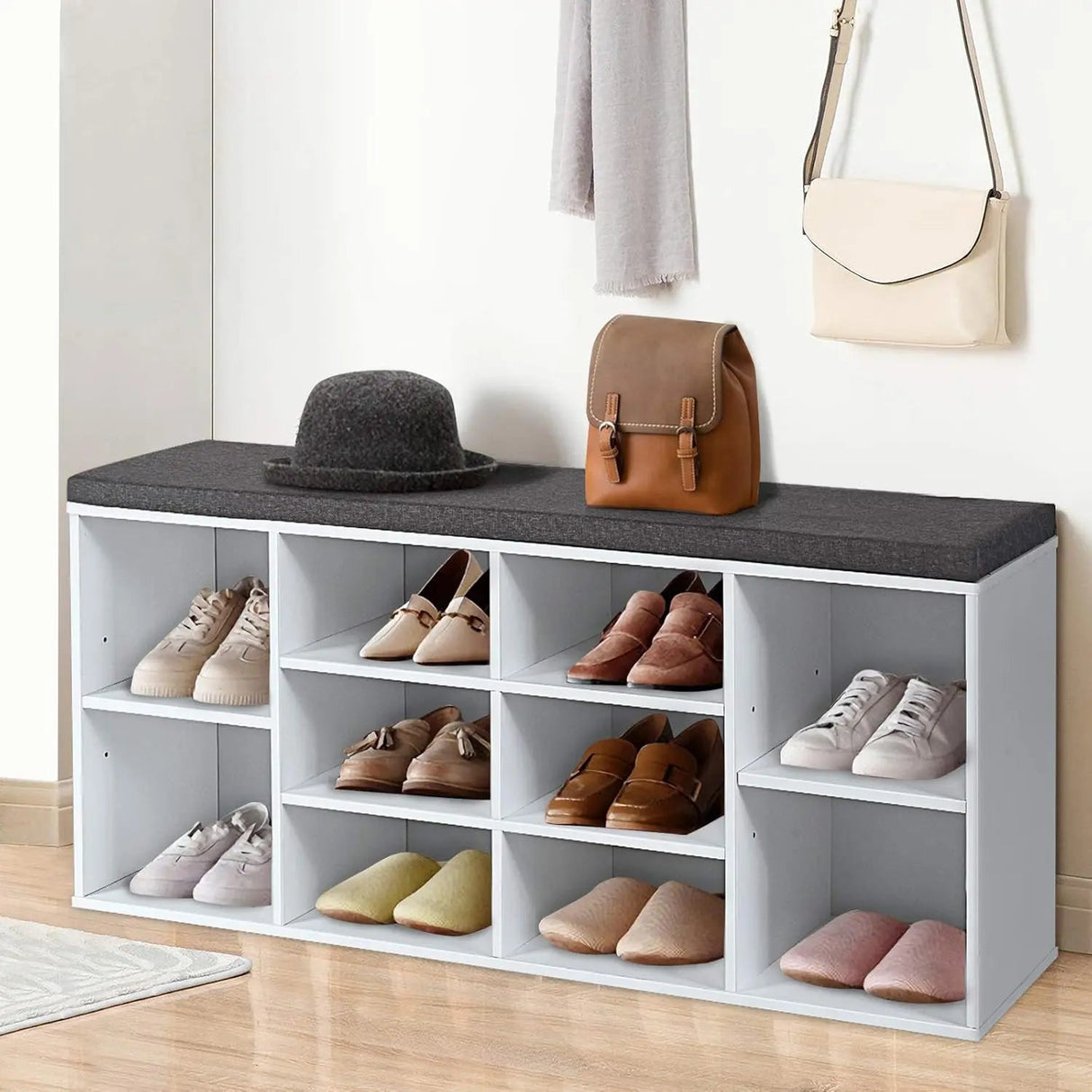 Entryway Bench with Shoe Storage – Padded Cushion Cubby Organizer - Entryway Storage Bench - Hurbane Home