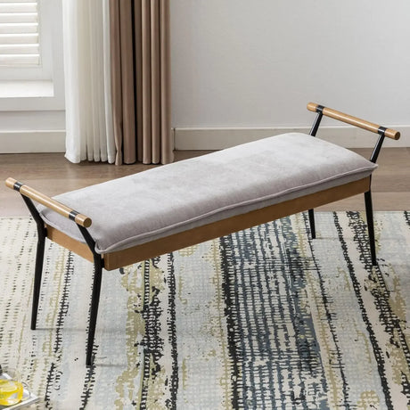 Bedroom Bench – Modern Chenille Upholstered Seat With Arms And Metal Legs.