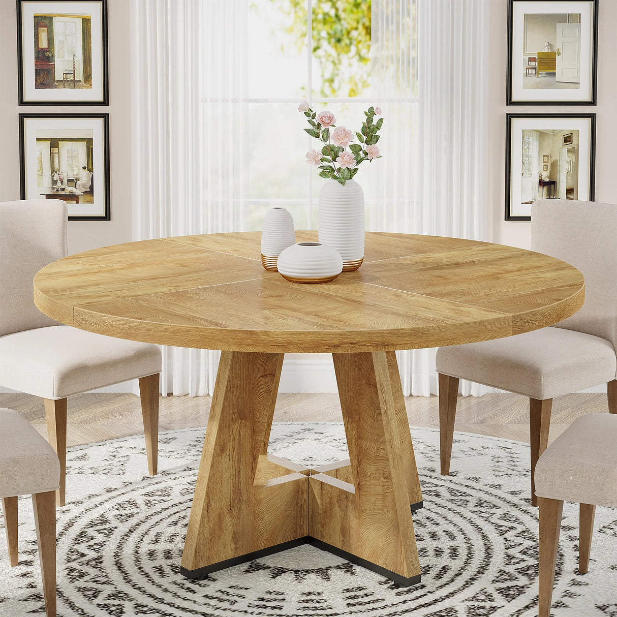 Farmhouse Dining Table – Tribesigns 47in Round Rustic Table for Four - Hurbane Home