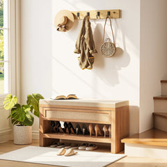 Farmhouse Entryway Bench – Rustic Shoe Bench with Drawer and Shelf - Entryway Storage Bench - Hurbane Home