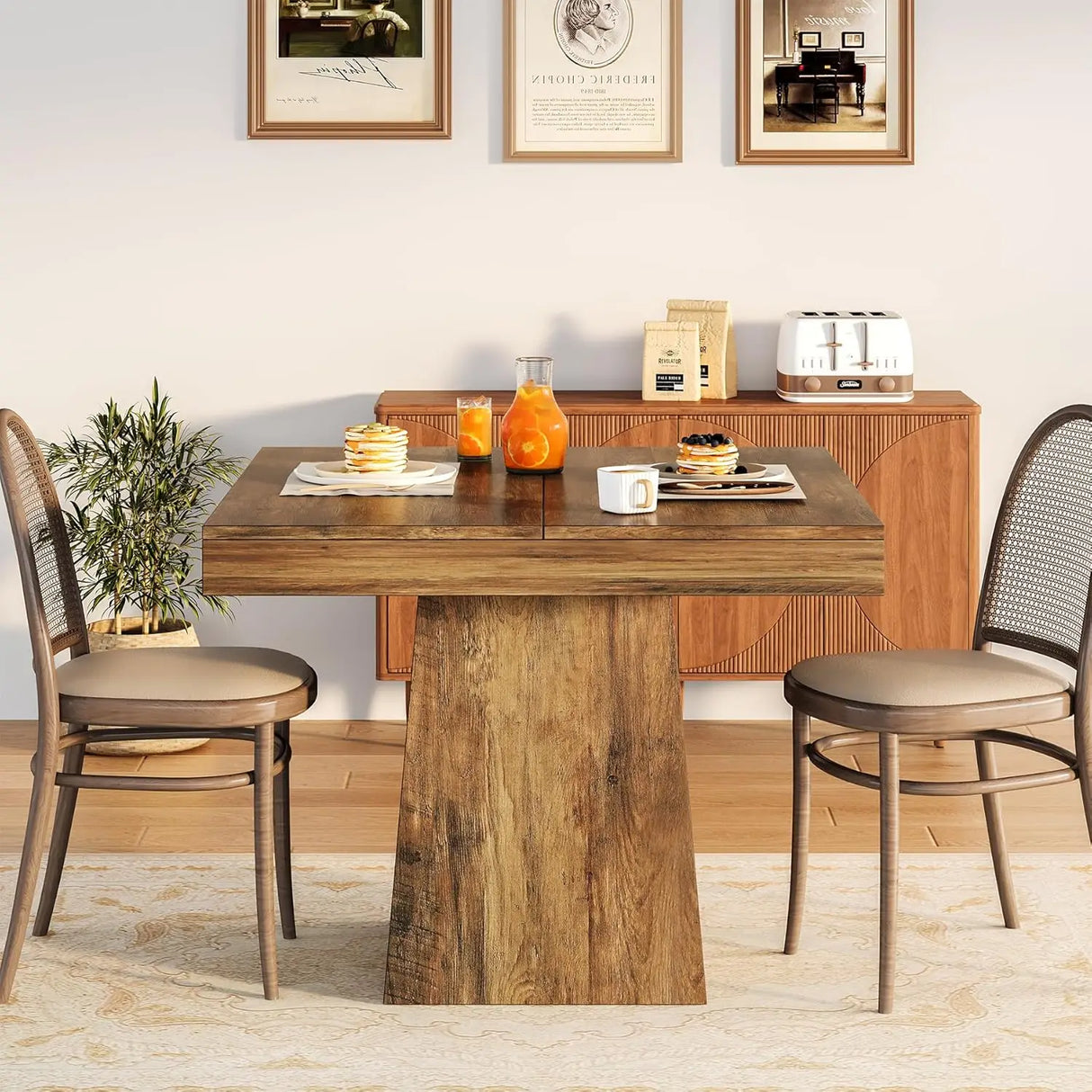 farmhouse pedestal dining table styled for four seats