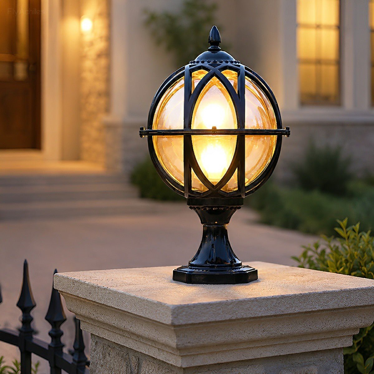 Caged globe outdoor post light detail view 2 showing finish and construction