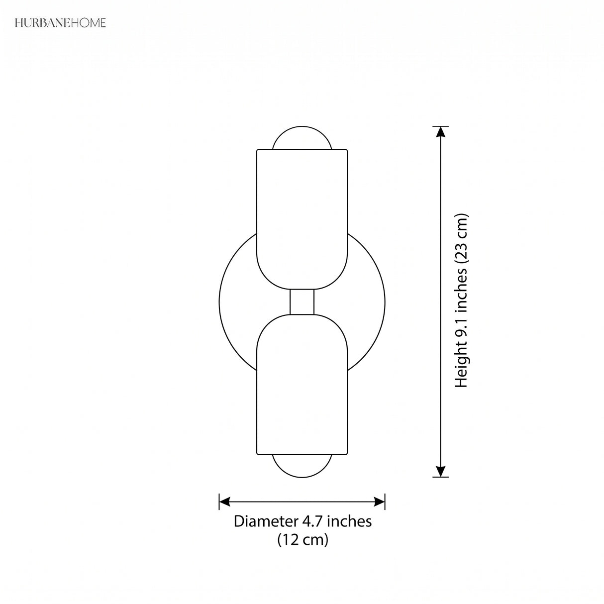 Dimension diagram: acrylic up and down wall light, height 9.1 inches, diameter 4.7 inches