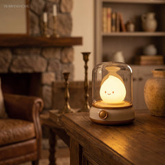 Flame night light lit on a dark side table in a living room with a stone fireplace