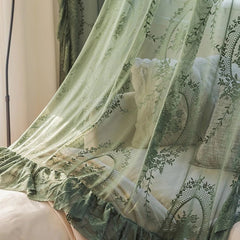 Floral Embroidered Sheer Curtains – Dark Green Tulle Sheer Curtains with Ruffle Top - Hurbane Home