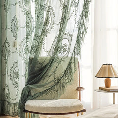 Floral Embroidered Sheer Curtains – Dark Green Tulle Sheer Curtains with Ruffle Top - Hurbane Home