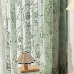 Floral Embroidered Sheer Curtains – Dark Green Tulle Sheer Curtains with Ruffle Top - Hurbane Home