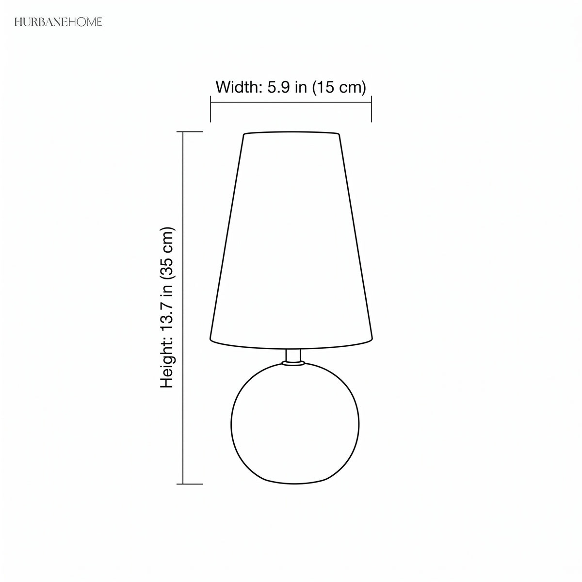 Line drawing of the table lamp marked 5.9 inches wide and 13.7 inches high