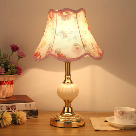 Vintage table lamp with pink and cream floral print fabric shade