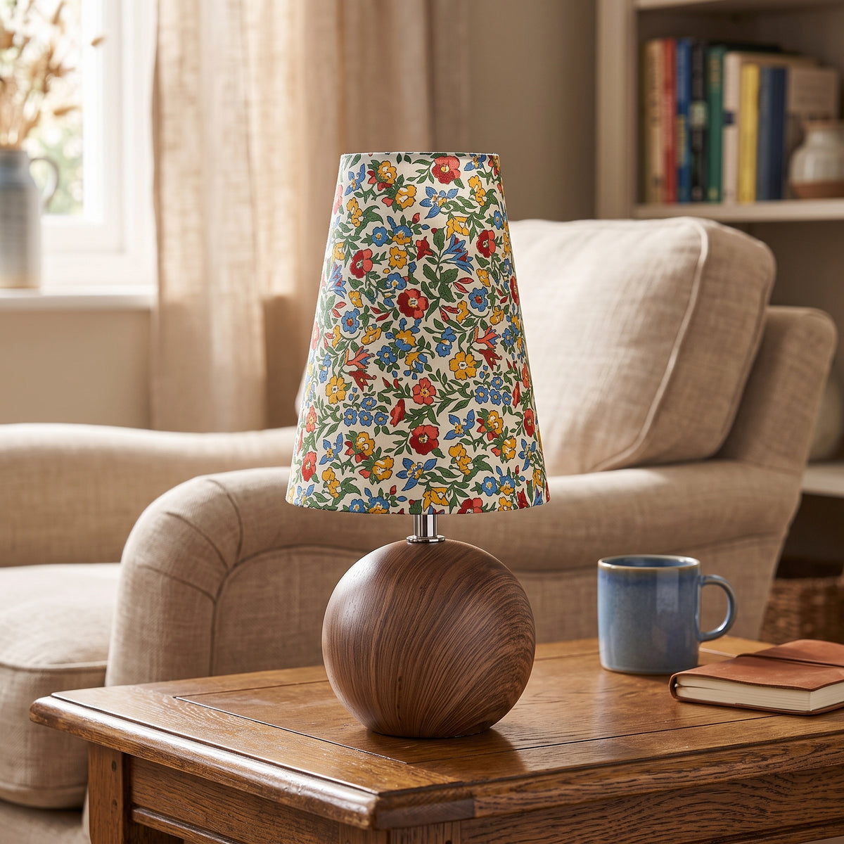 Floral shade table lamp with a round walnut base on a polished wood table