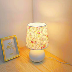 Floral Table Lamp – White Floral Fabric Shade Bedside Lamp with Warm Dimmable Light - Hurbane Home