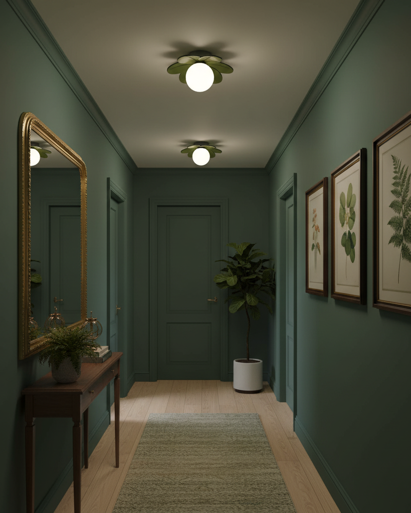 Flower ceiling lights in a dark green hallway with a gilt mirror and console