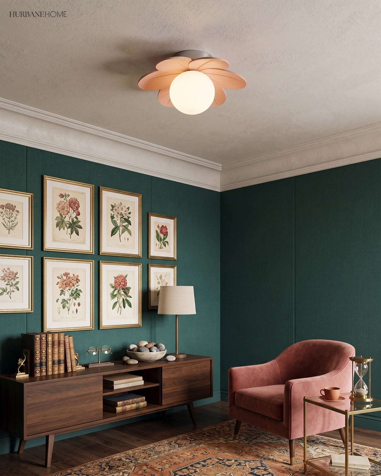 Flower ceiling light on a white ceiling in a dark green room hung with botanical prints