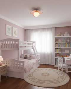 Flower ceiling light in a pink children's bedroom with a bunk bed and bookcase