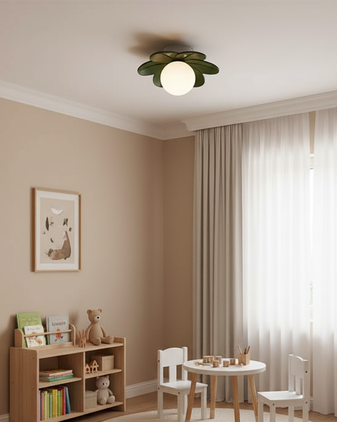 Flower ceiling light in a beige playroom with toy shelves and a small table