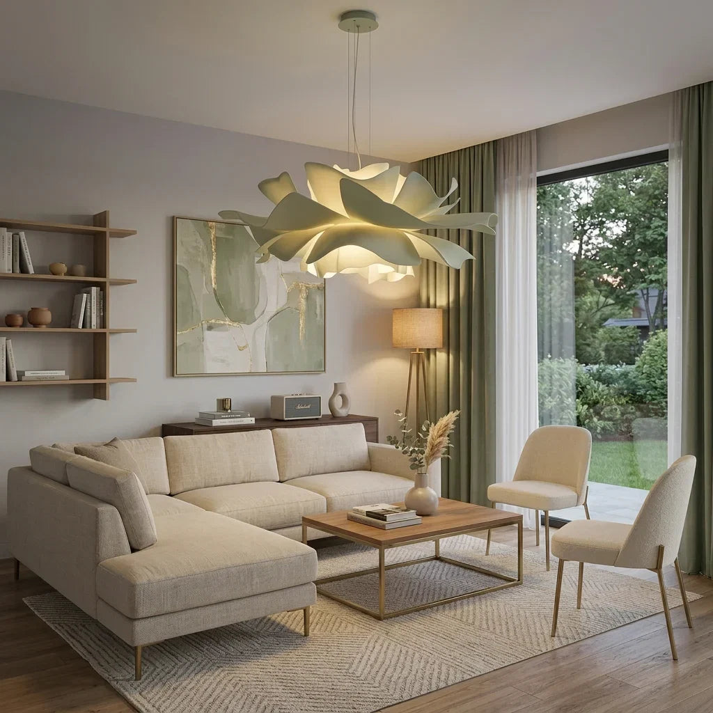 Sage green flower pendant light in a lounge with green curtains