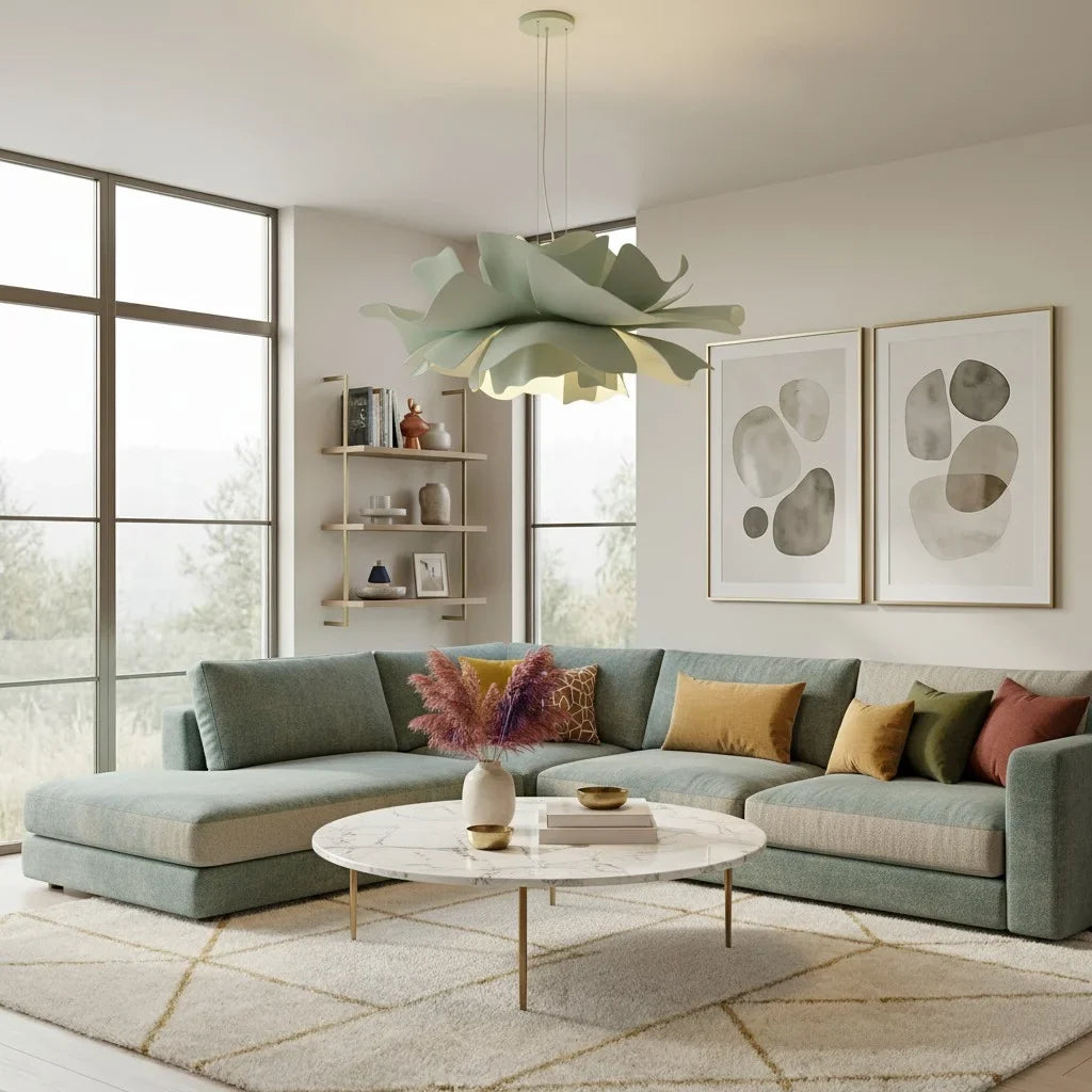 Sage green flower pendant light lit in a lounge with large windows