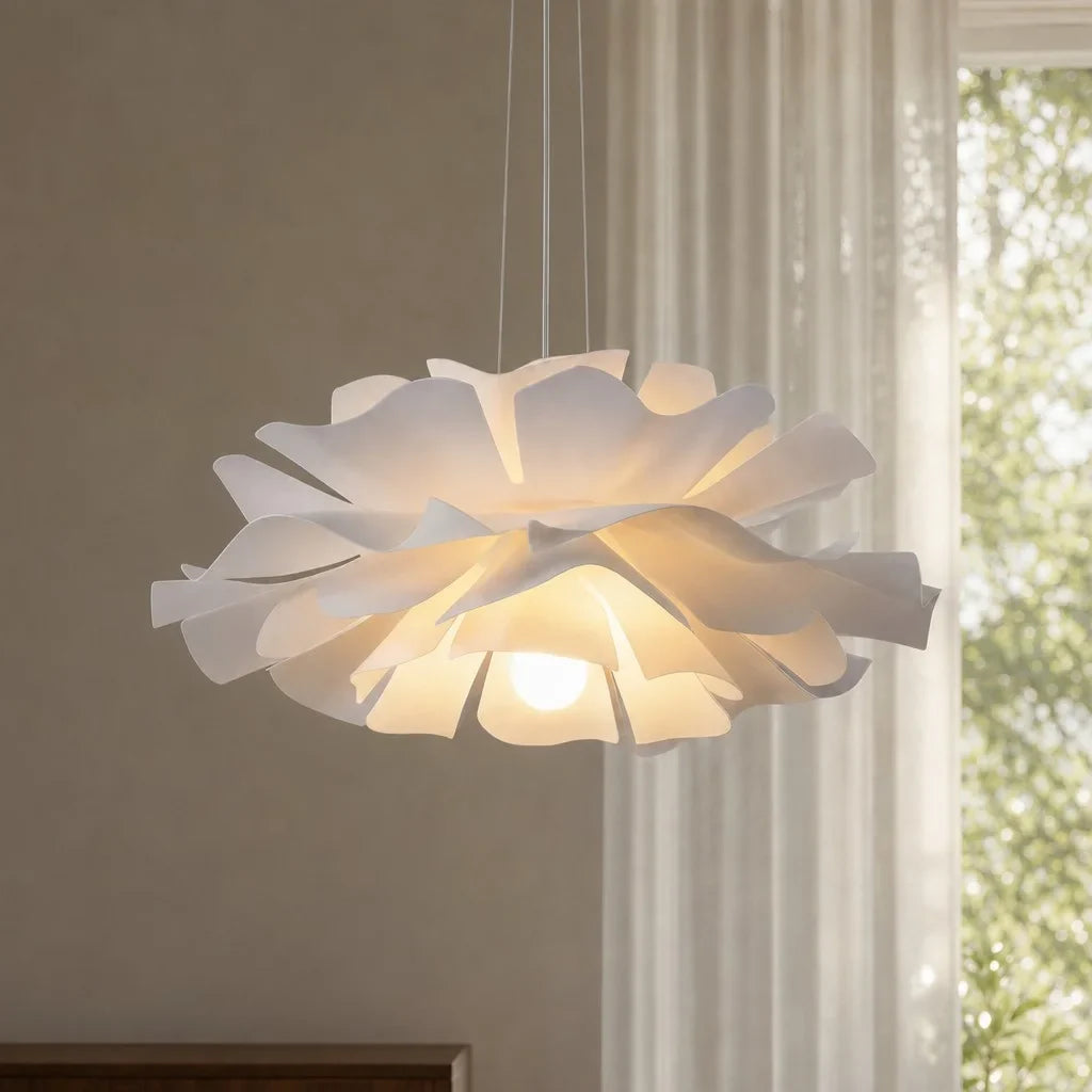 White petal flower pendant light lit beside a curtained window