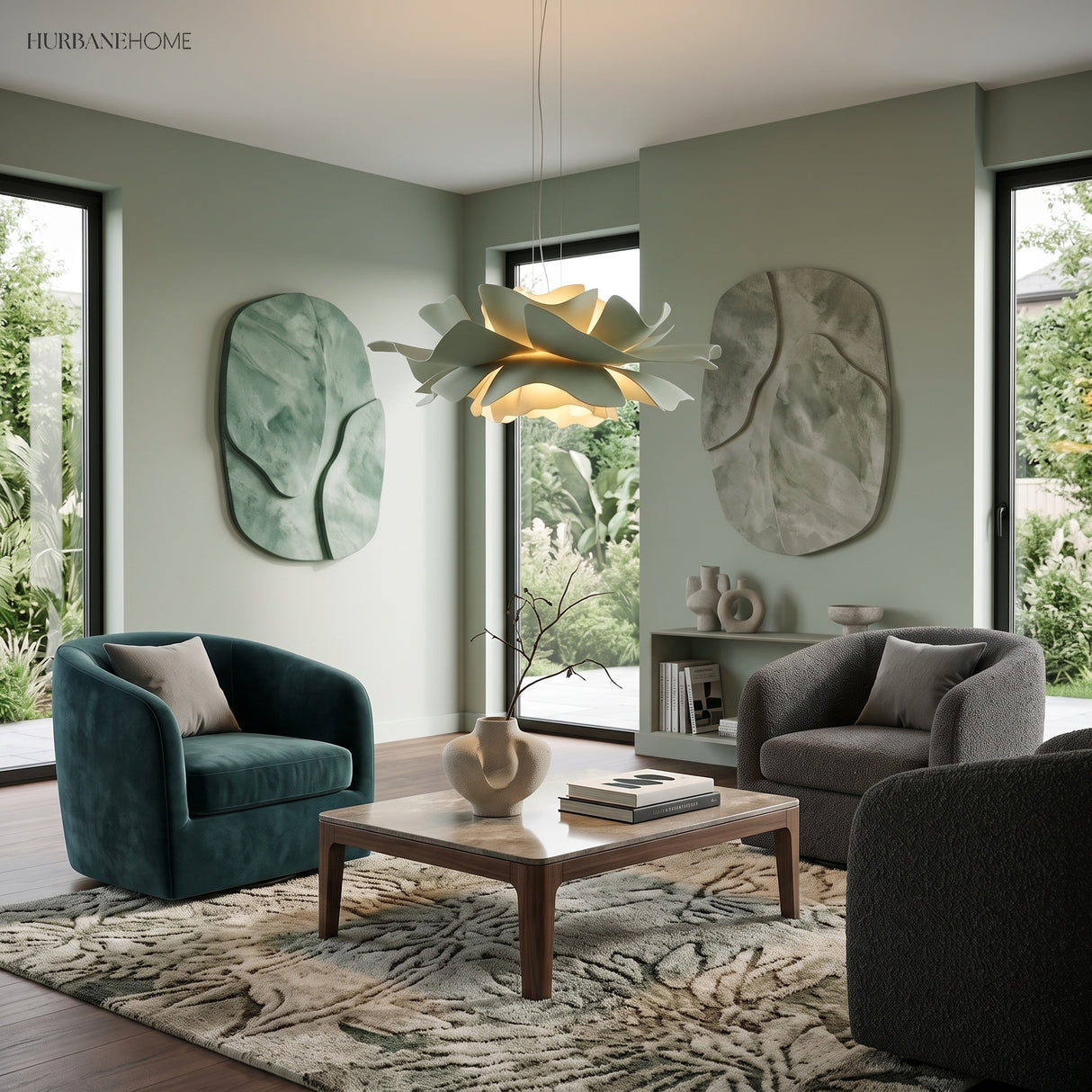 Sage green flower pendant light in a green lounge with armchairs