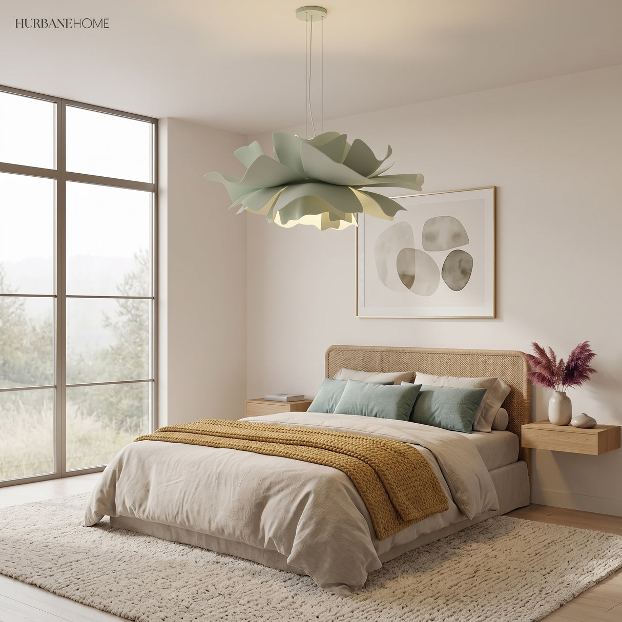 Sage green flower pendant light above a bed in a calm bedroom