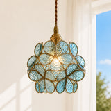 Underside view of the flower petal glass pendant light showing the central bulb