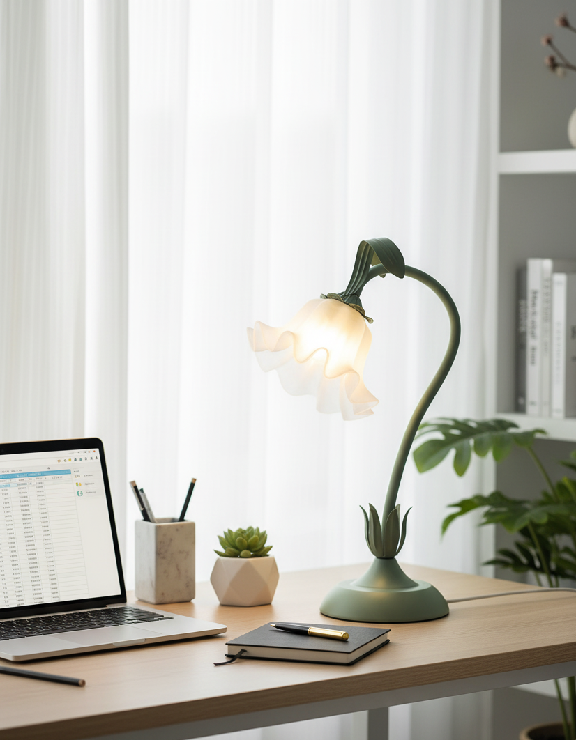Flower table lamp on a wooden desk beside an open laptop and small succulent