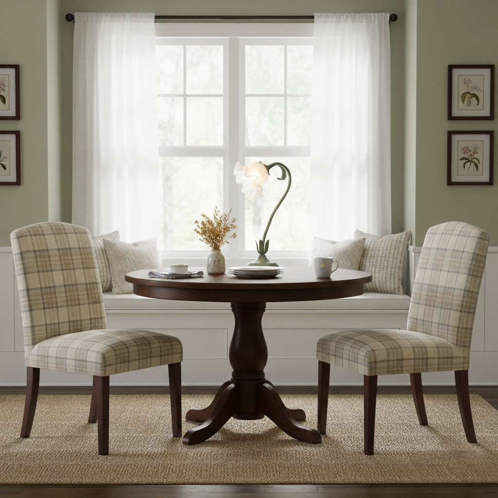 Flower table lamp on a round pedestal dining table in a bright bay window nook