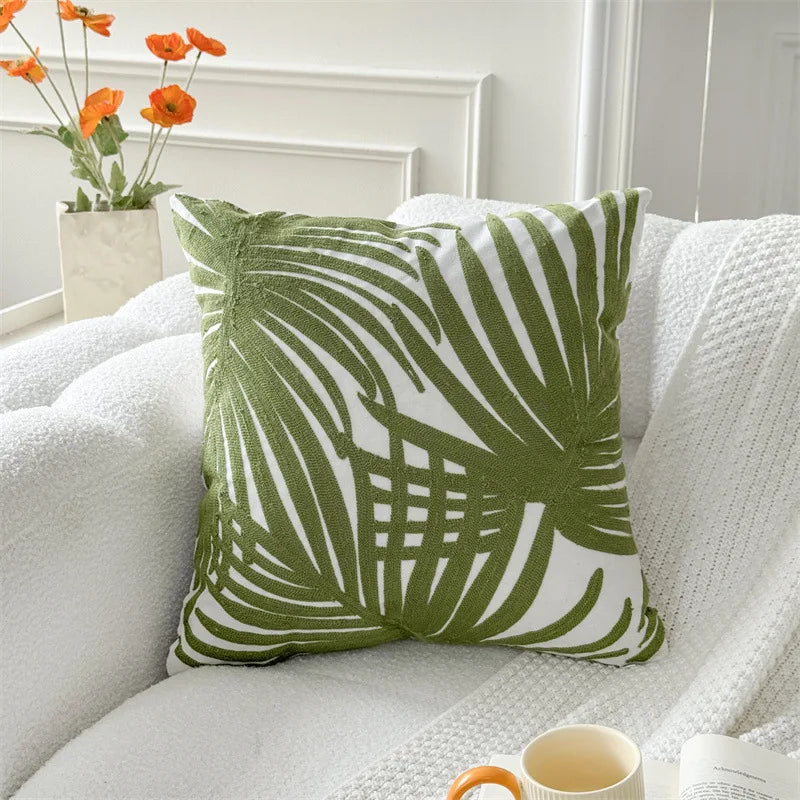 Cotton canvas cover styled as floral pillow cover with leaf embroidery