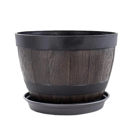 Flowers barrel planter with rustic wood grain finish