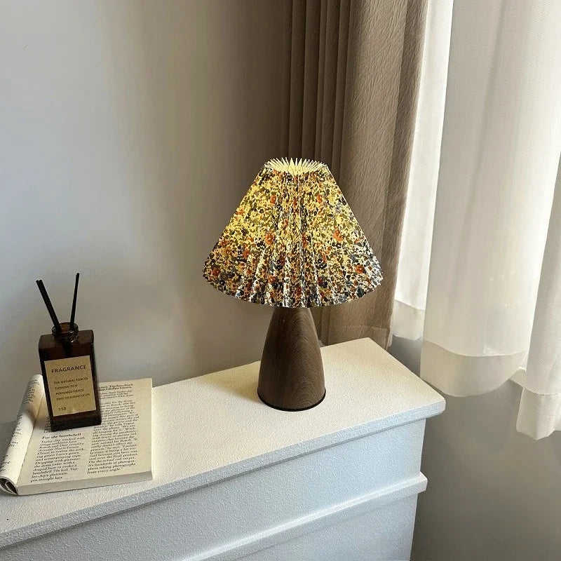 Walnut Ceramic Pleated Desk Lamp Floral Linen Shade USB Power