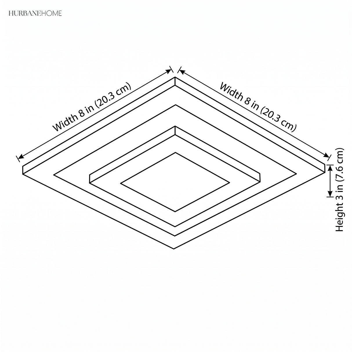 Dimension drawing of the ceiling light, width 8 in and height 3 in