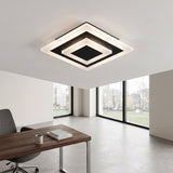Square white ceiling light with a coffee center above a home office desk