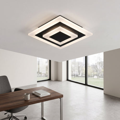 Square white ceiling light with a coffee center above a home office desk