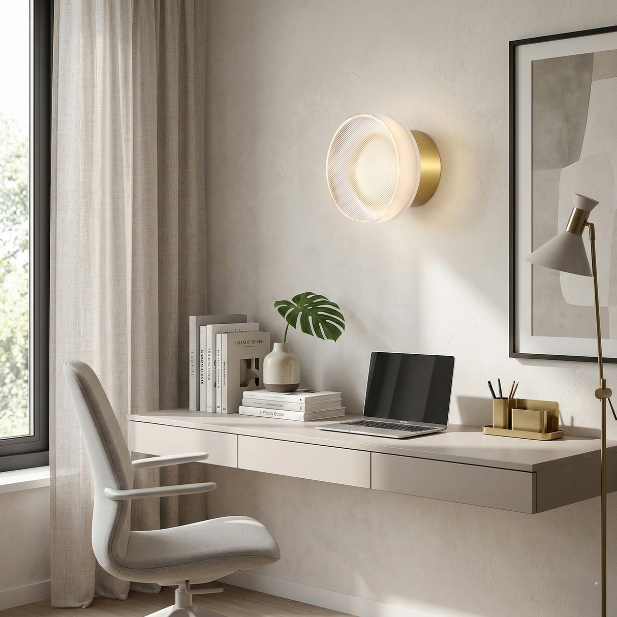 Gold ribbed wall light lit beside a window with a potted plant
