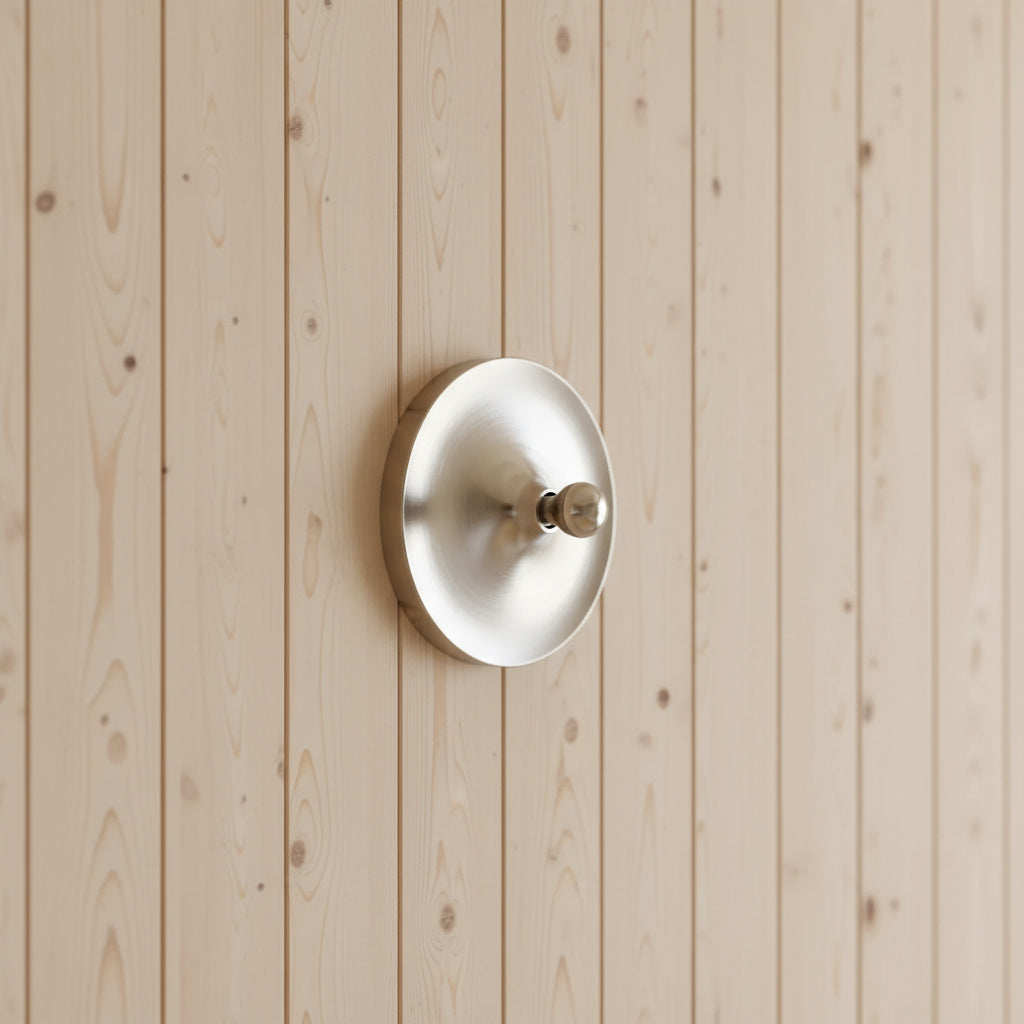 Silver disc light mounted on a pale timber clad wall