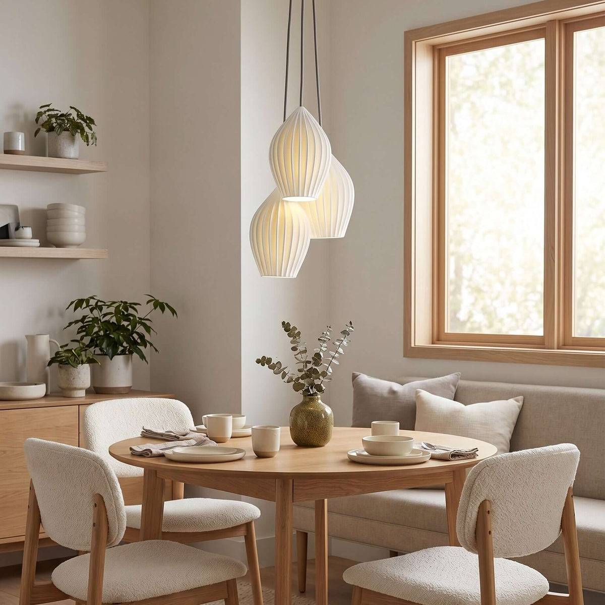 Multi light ceramic cluster pendant with fluted teardrop shades, view 5