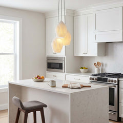 Ribbed white ceramic hanging pendant with an E26 bulb base, view 6