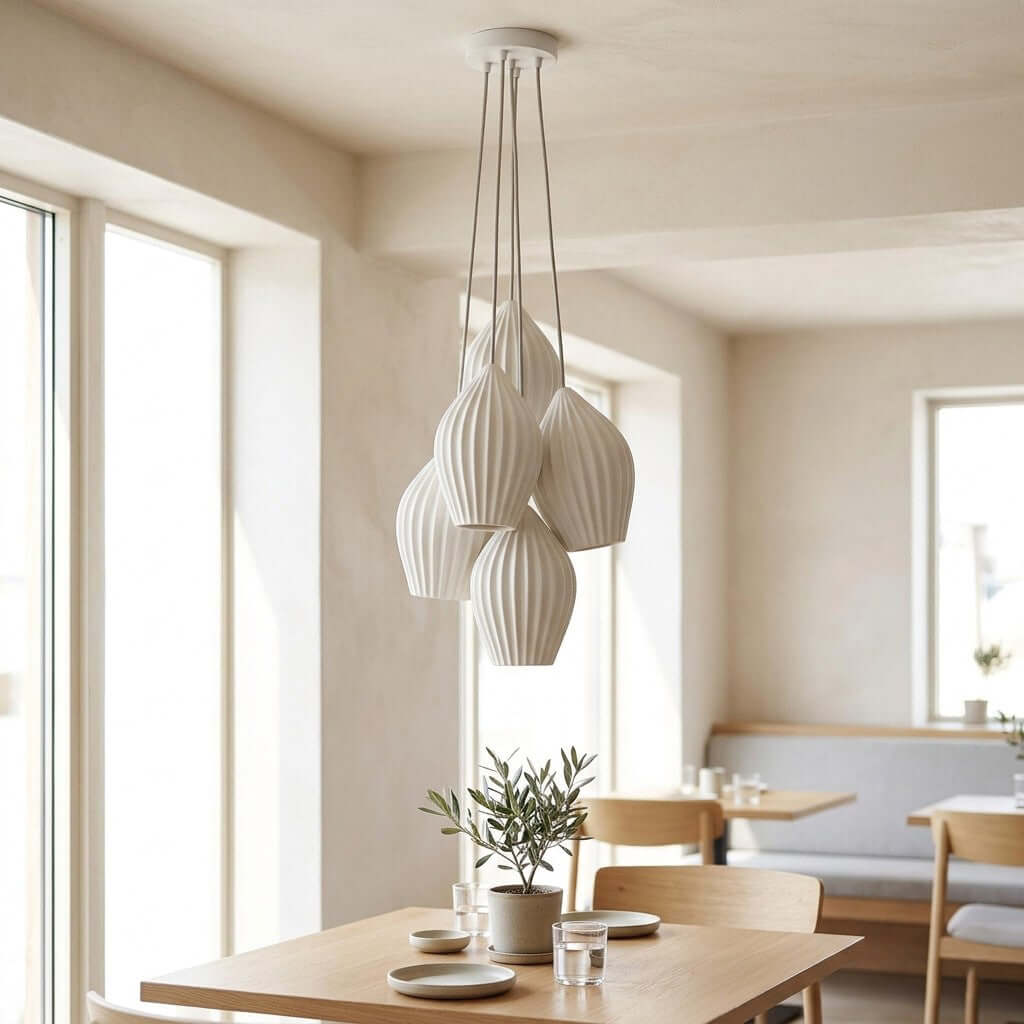 White fluted ceramic pendant light with a ribbed teardrop shade, view 7