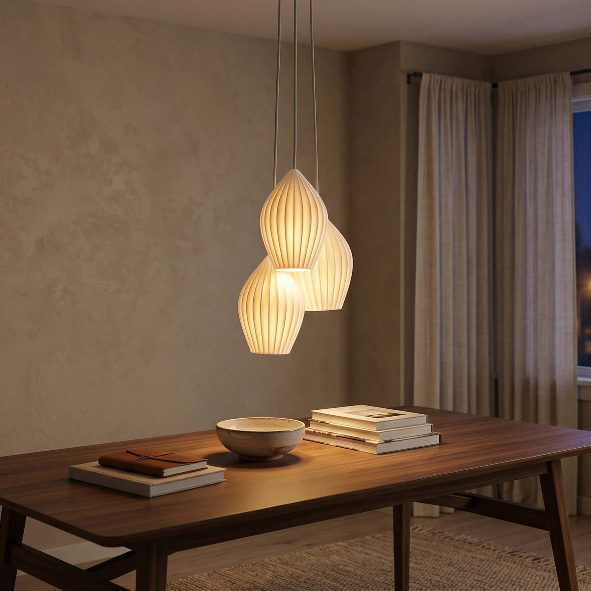 Ribbed ceramic pendant shade with deep vertical fluting, white finish, view 8