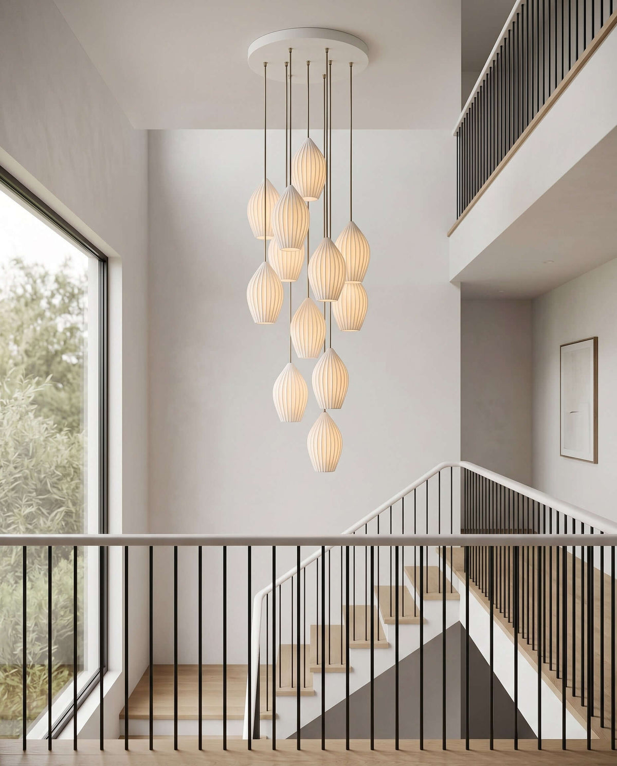 White ceramic pendant light, 5.1 inch diameter fluted shade, view 10